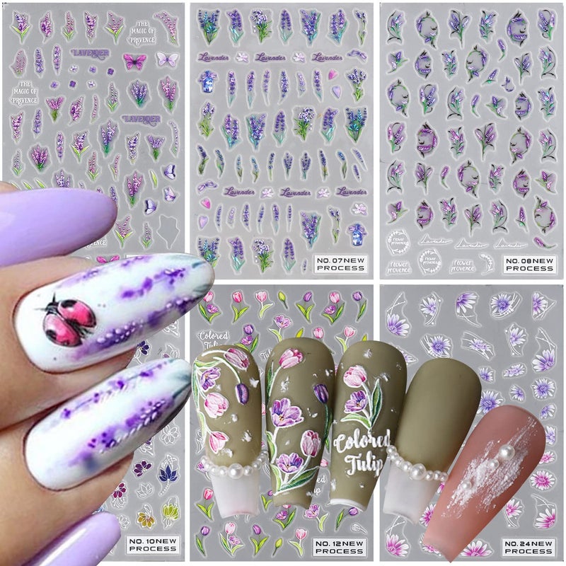 ملصقات فن الأظافر اللافندر زهور بنفسجية 3D ملصقات لاصقة ذاتية التصميمات صيفية فراشة زهرية توليب ورقة نقل ملصق إمدادات أكريليك للنساء زينة أظافر بلوم ريسين