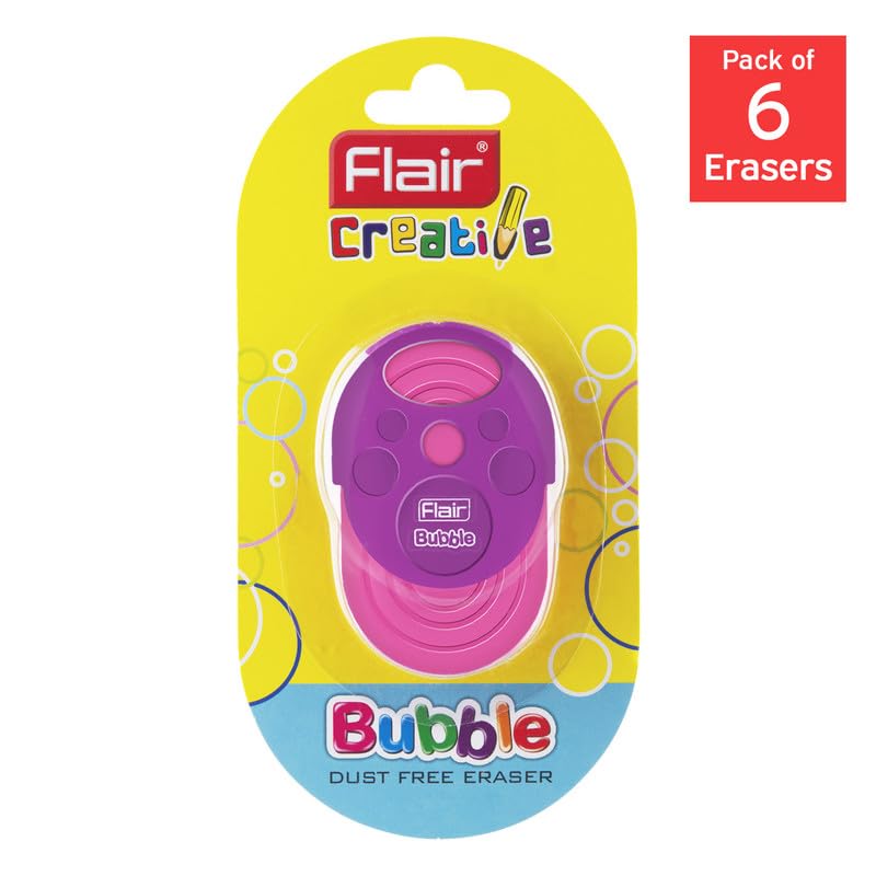 Flair Creative Series Non Toxic Bubble Eraser Blister Set | Neat & Dust Free Erasing | in Built Holder, Easy to Use | Playful Body Colors | Pack of 6 Erasers - Image 2