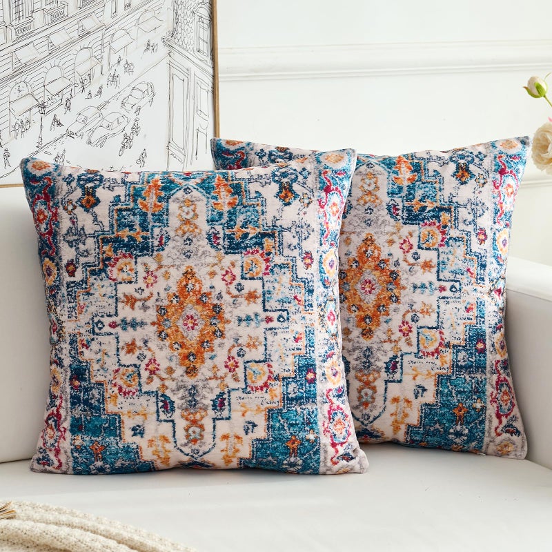 BUAEL Boho Throw Pillow Covers 18x18 inch Set of 2,Boho Vintage Carpet Pattern Antique Ethnic Decor Double Sided Pattern Cushion Cover Soft Pillow Case Living Sofa Room Bed Square Pillow Cover - Image 1