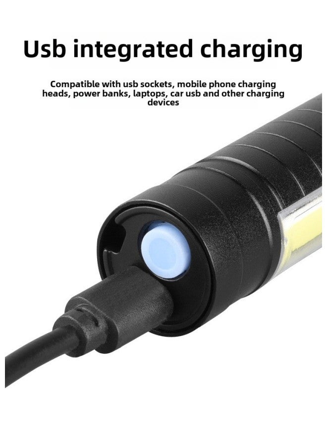Aluminum Alloy LED Strong Light No.5 3rd Gear Telescopic Flashlight SK68 Flashlight Zoom Mini Flashlight-Product Specifications:Cob Black Single Flashlight Bubble Bag + Usb Cable  - Image 1
