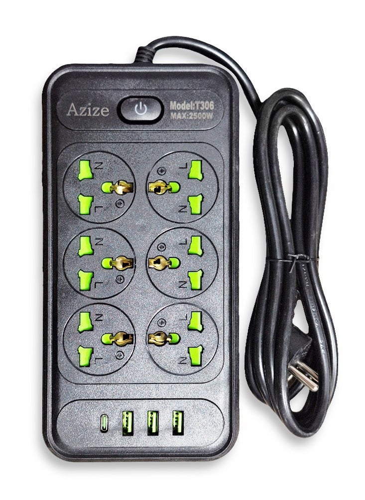 Generic T206 Multi-Outlet Power Strip – 2500W – 6 Power Outlets with Over-Current Protection, 3 USB Ports and a Type-C Port for Fast Charging – Powerful and Safe Extension Cord for Home and Office Use – Sleek and Modern Black Design  - Image 1