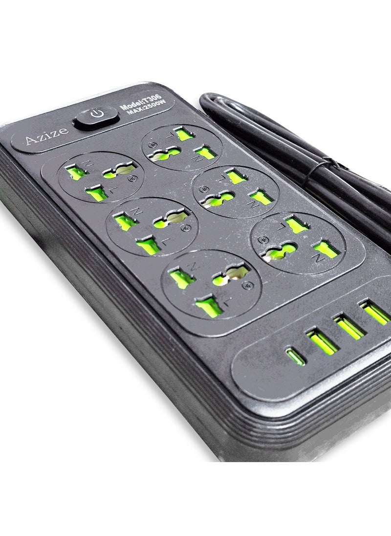 Generic T206 Multi-Outlet Power Strip – 2500W – 6 Power Outlets with Over-Current Protection, 3 USB Ports and a Type-C Port for Fast Charging – Powerful and Safe Extension Cord for Home and Office Use – Sleek and Modern Black Design  - Image 3