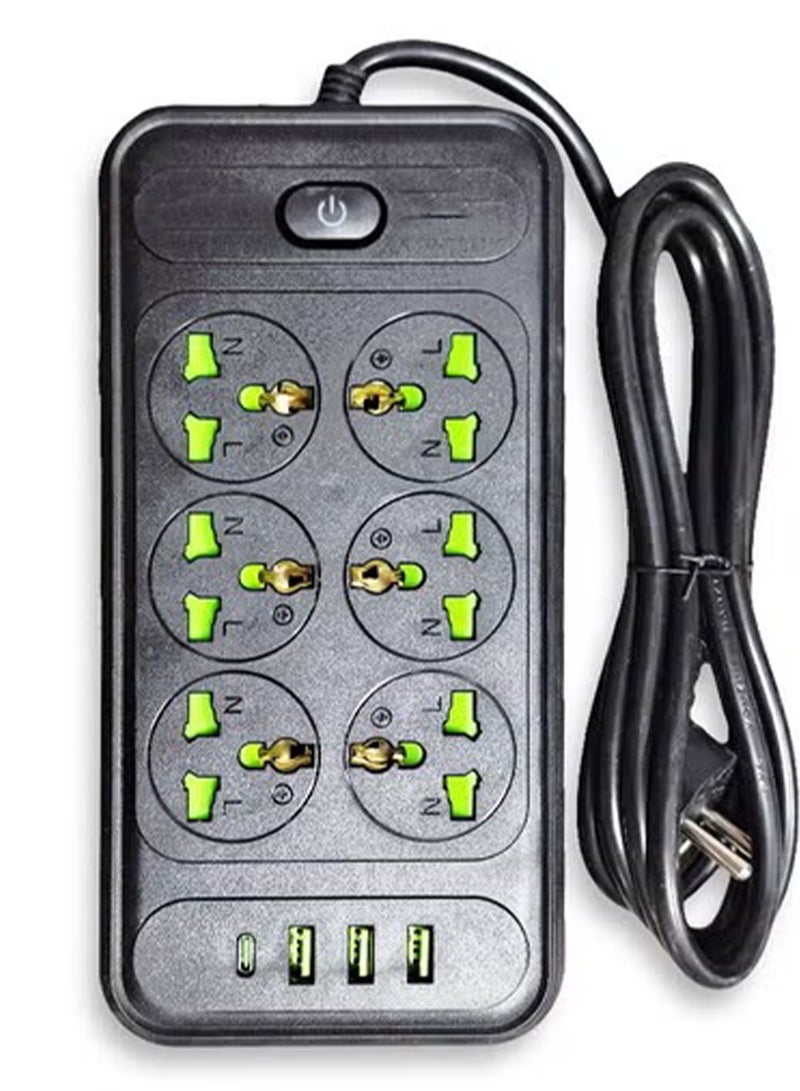T306 2500W Multi Port Power Strip, 6 Power Outlets with Overcurrent Protection, 3 USB Ports and a Type-C Port for Fast Charging , Durable and Safe Extension Cord for Home and Office Use , Sleek and Modern Black Design - Image 1