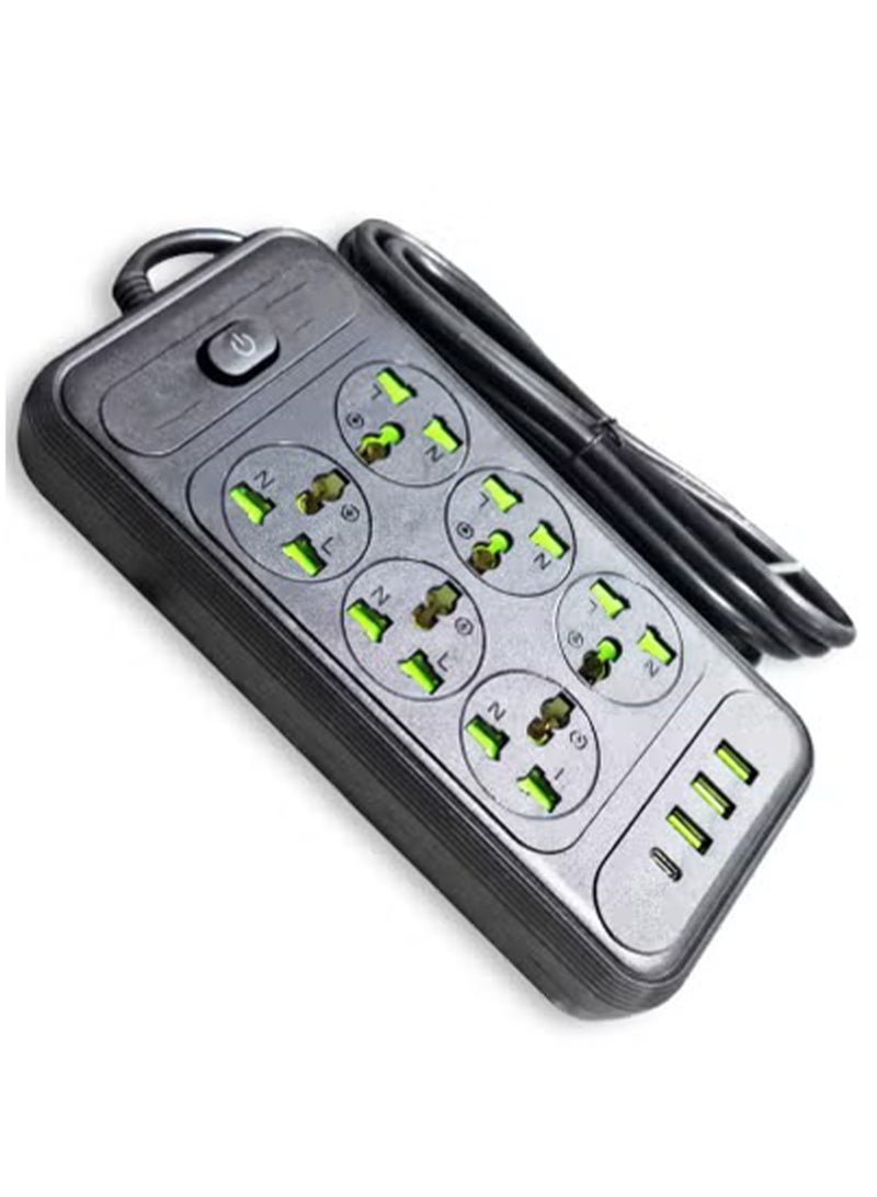 T306 2500W Multi Port Power Strip, 6 Power Outlets with Overcurrent Protection, 3 USB Ports and a Type-C Port for Fast Charging , Durable and Safe Extension Cord for Home and Office Use , Sleek and Modern Black Design - Image 2