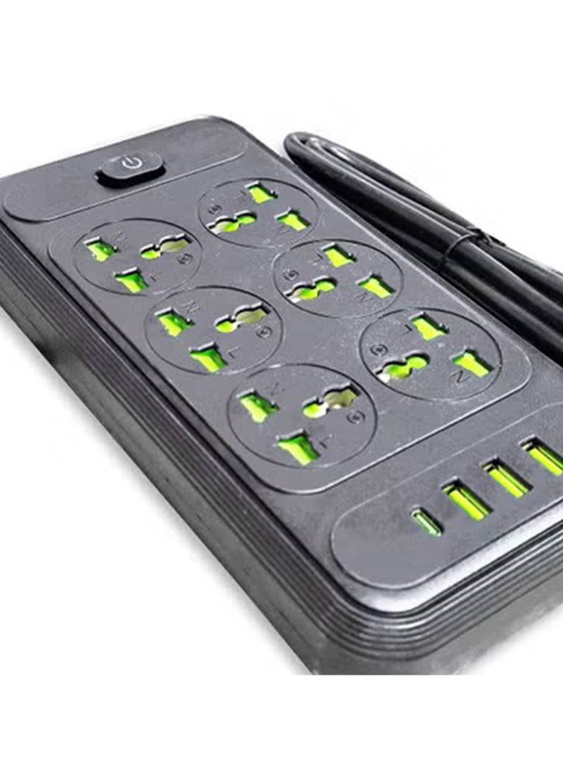 T306 2500W Multi Port Power Strip, 6 Power Outlets with Overcurrent Protection, 3 USB Ports and a Type-C Port for Fast Charging , Durable and Safe Extension Cord for Home and Office Use , Sleek and Modern Black Design - Image 3