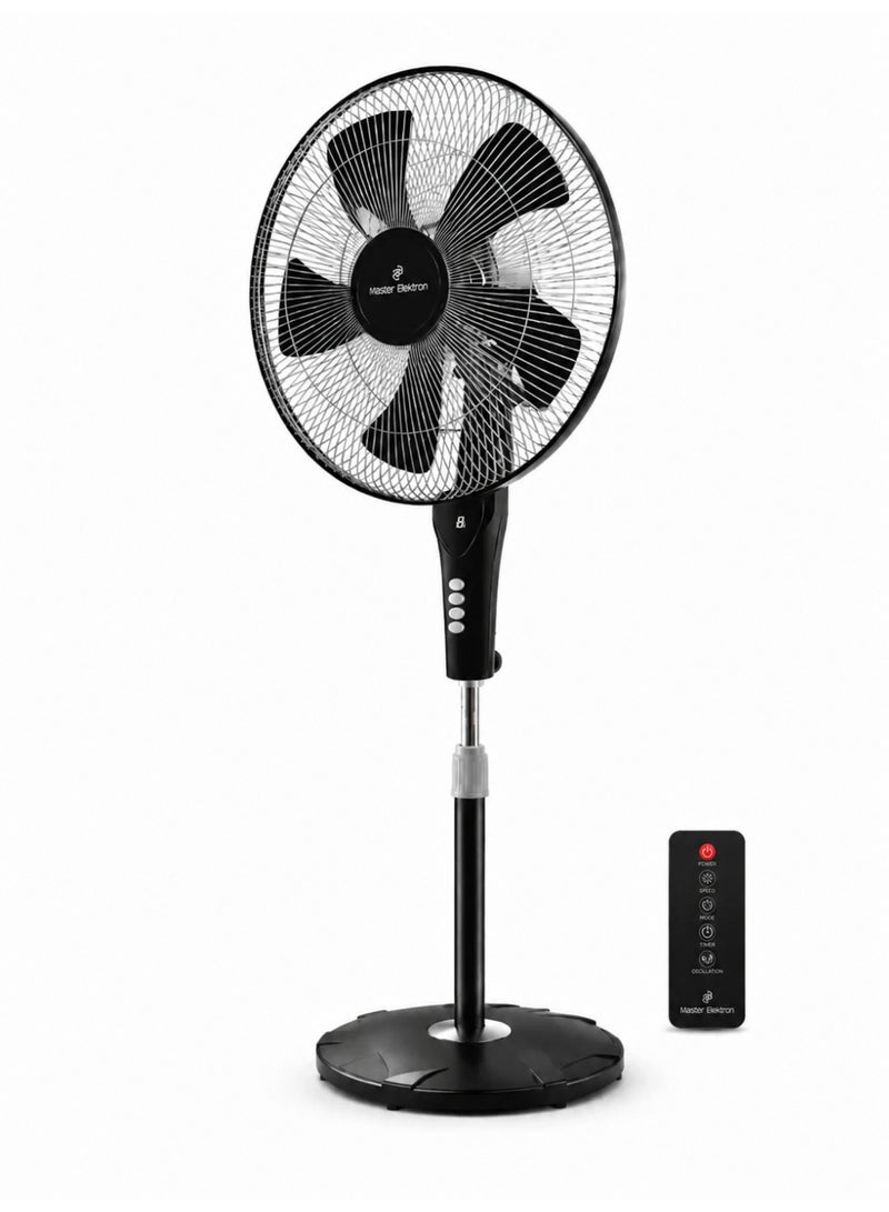 Master Elektron ME-R-SUMMER-TIME 18 Inch Stand Fan, 5 Blades, 3 Speeds, Remote Control, 3 Wind Modes, 90-Degree Oscillation, 7.5-Hour Timer, Black