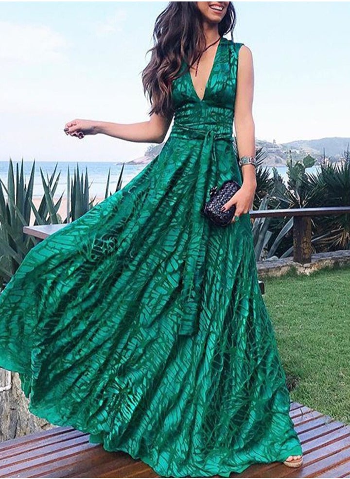 KUYING Deep V-Neck Maxi Dress Green  - Image 2