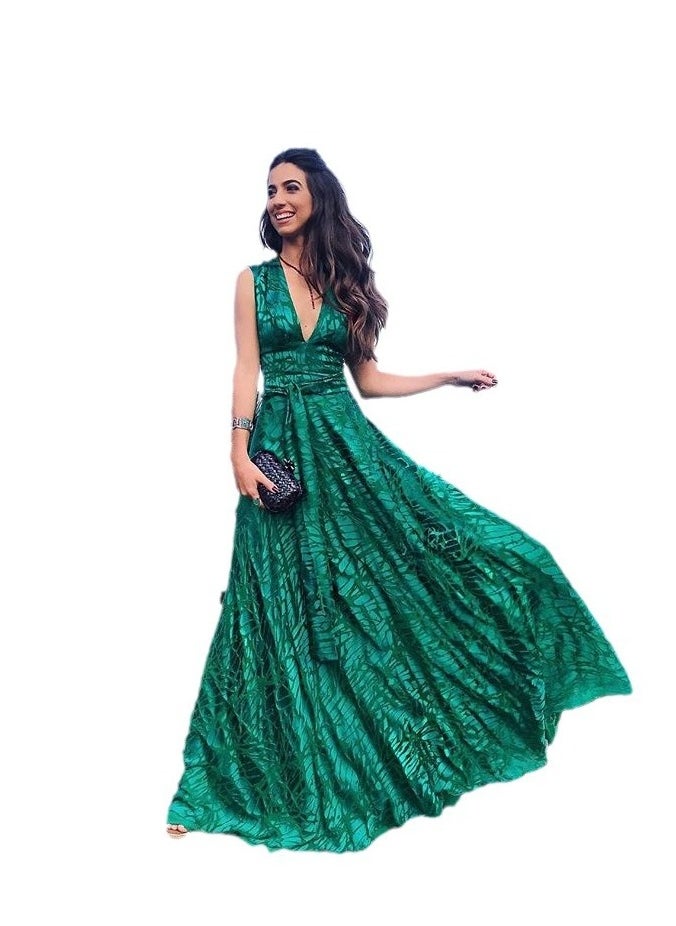 KUYING Deep V-Neck Maxi Dress Green  - Image 1