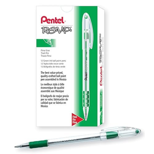 Pentel R.S.V.P. Ballpoint Pen, 0.7mm Fine Tip, Green Ink, Box of 12 (BK90-D) - Image 1