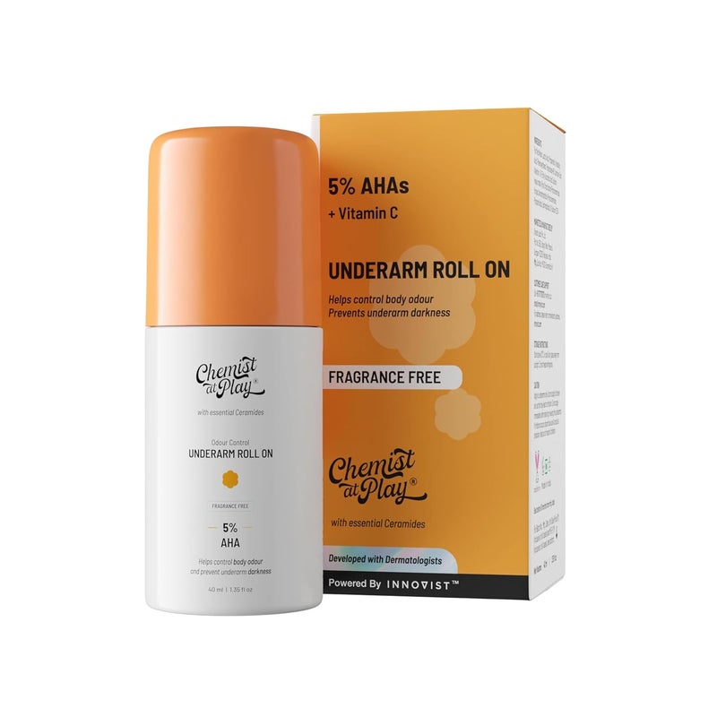 Chemist at Play UnderArm Roll-On with 5% Lactic Acid 1% Mandelic Acid | Prevents Odour Brightens Skin & Exfoliates Underarm | Fragrance-Free for Sensitive Skin | Alcohol & Aluminium Free | 1.3 Ounce