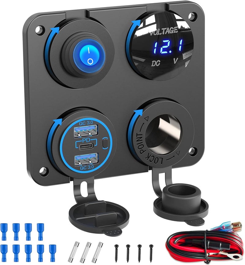 Ouffun 4 in 1 Marine Boat RV 12V Charger Socket Panel - Image 1