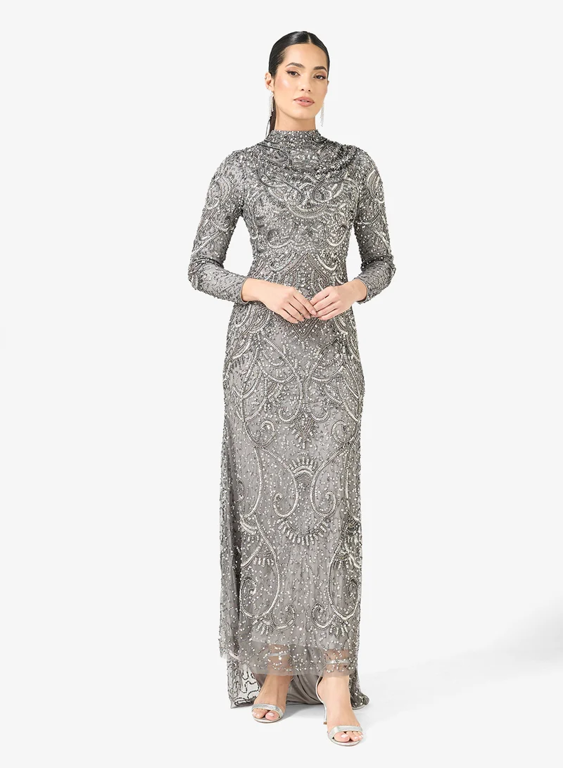 MARYISA Embellished Sequin Modest Long Sleeve Maxi Dress