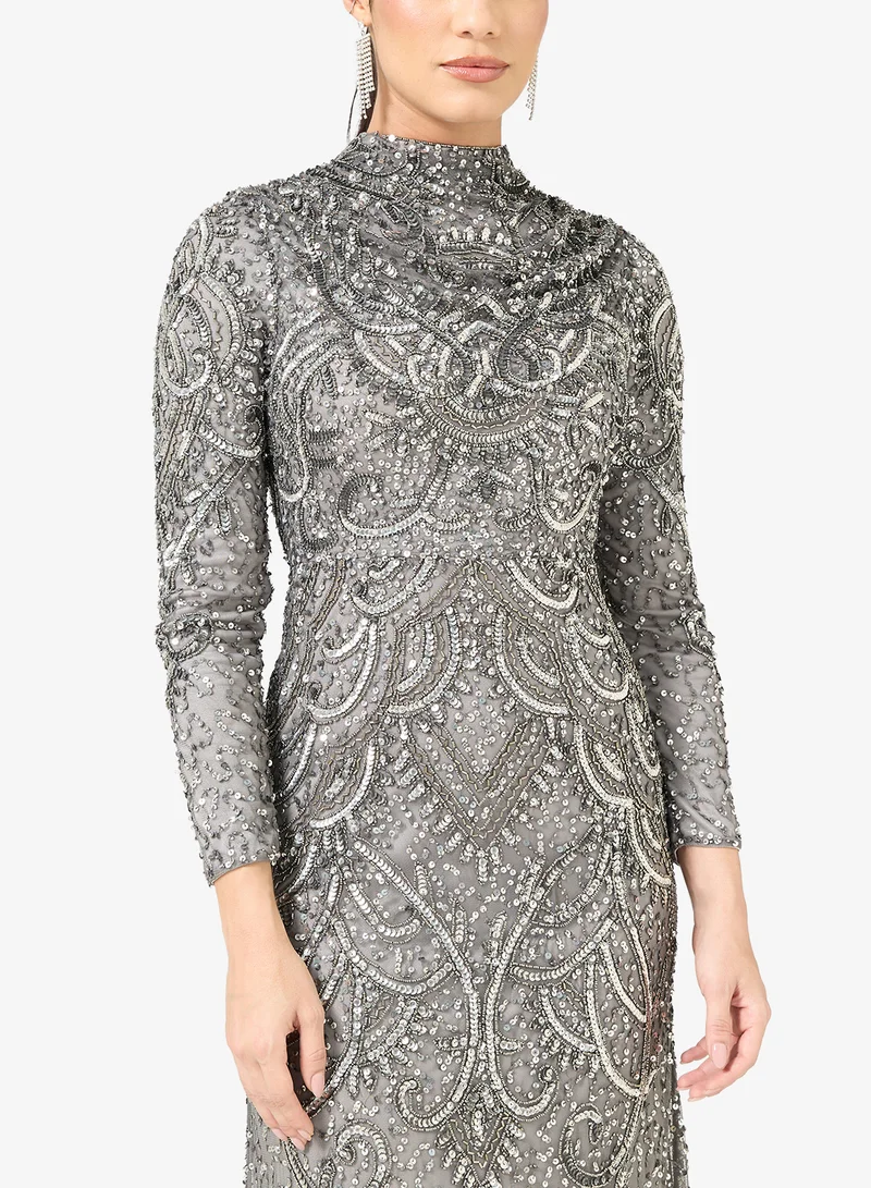 MARYISA Embellished Sequin Modest Long Sleeve Maxi Dress