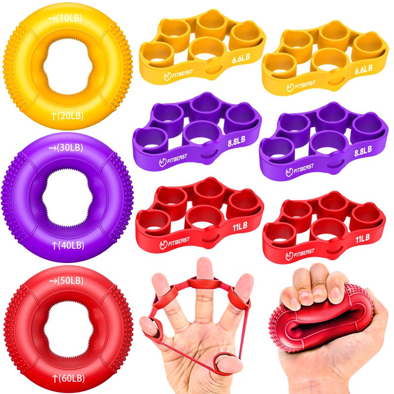 FitBeast Hand Grip Strengthener, Finger Exerciser, Forearm Strengthener Kit - 9 Pack, Targeted Hand & Forearm Strength, Relief & Recovery Kit (Red) - Image 1