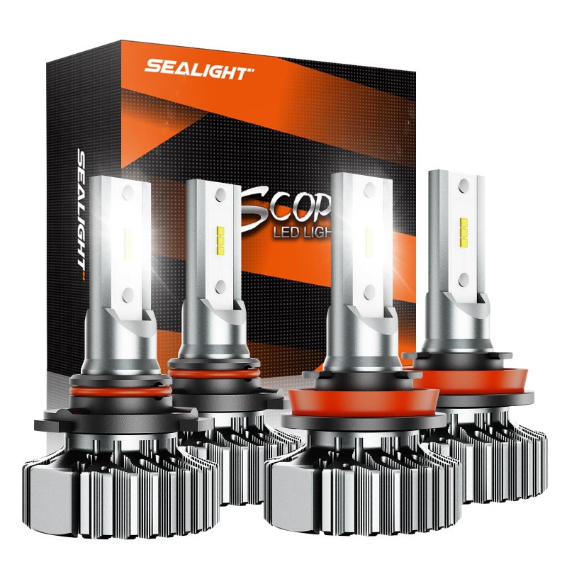SEALIGHT 9005 H11 Fog Light Bulbs 58000LM 6500K 8 X Brighter 9005 H11 Bulbs Combo Plug N Play 11 Size 10 Years Long Lifespan IP67 Waterproof for Vehicle ATVs  Powersports Pack of 4