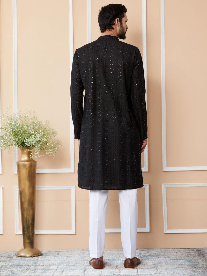 See Designs Men's Long Sleeve Mandarin Collar Side Slit Black Embroidered Thread Work Sequinned Chanderi Silk Straight Kurta - SDKT2513S - Image 3