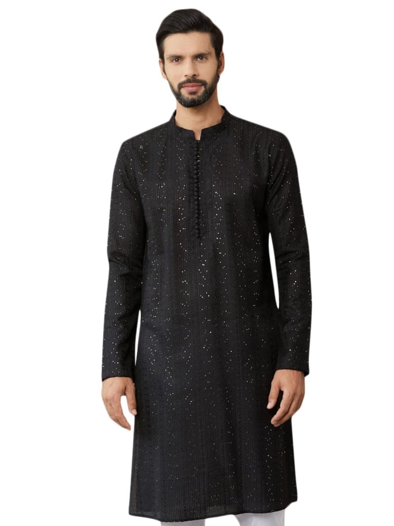 See Designs Men's Long Sleeve Mandarin Collar Side Slit Black Embroidered Thread Work Sequinned Chanderi Silk Straight Kurta - SDKT2513S - Image 1