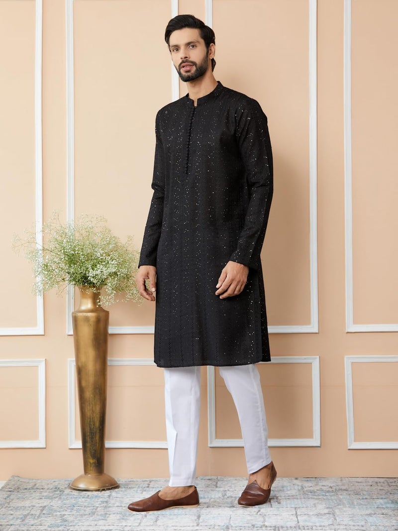 See Designs Men's Long Sleeve Mandarin Collar Side Slit Black Embroidered Thread Work Sequinned Chanderi Silk Straight Kurta - SDKT2513S - Image 2