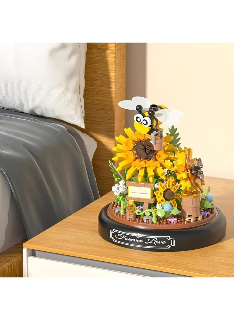 سيوسي Flower Building Set, Micro Bricks Botanical Kit with Bee and Sunflower, Creative Mini Block Flowers and Insects with Transparent Cover, Educational DIY Toy for Adults and Kids Home Decoration, Yellow - Image 5