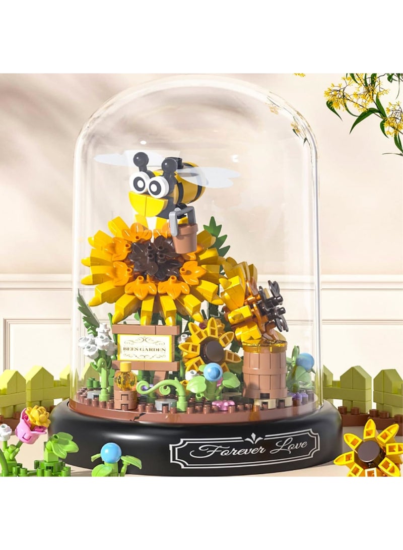سيوسي Flower Building Set, Micro Bricks Botanical Kit with Bee and Sunflower, Creative Mini Block Flowers and Insects with Transparent Cover, Educational DIY Toy for Adults and Kids Home Decoration, Yellow - Image 2
