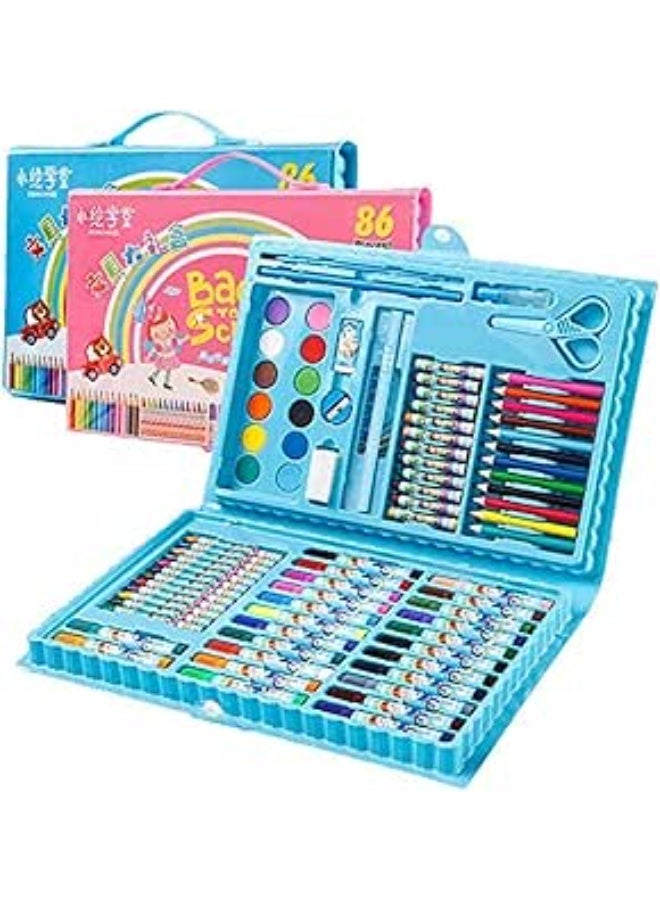 مجموعة أدوات الرسم المحمولة، حامل ثلاثي الجوانب مزدوج، 86 قطعة، صندوق أدوات الرسم مع أقلام الباستيل الزيتية، أقلام التلوين، أقلام التحديد، فرشاة الرسم، لوحة الرسم، هدية للأطفال (أزرق) - Image 1
