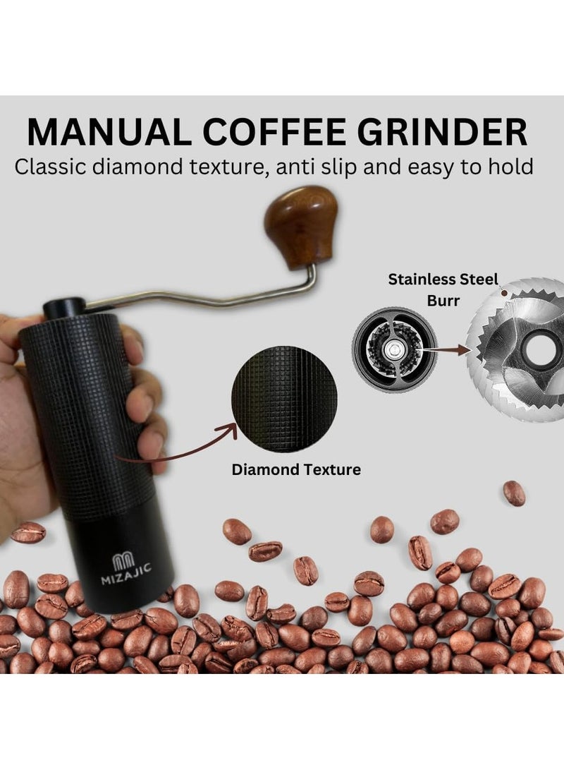 مزاجك مطحنة قهوة يدوية، شفرات مخروطية من الفولاذ المقاوم للصدأ بسعة 25 جرام، مطحنة حبوب القهوة مع إعدادات قابلة للتعديل، جسم من سبائك الألومنيوم، محمل مزدوج ومقبض خشبي (أسود) - Image 2
