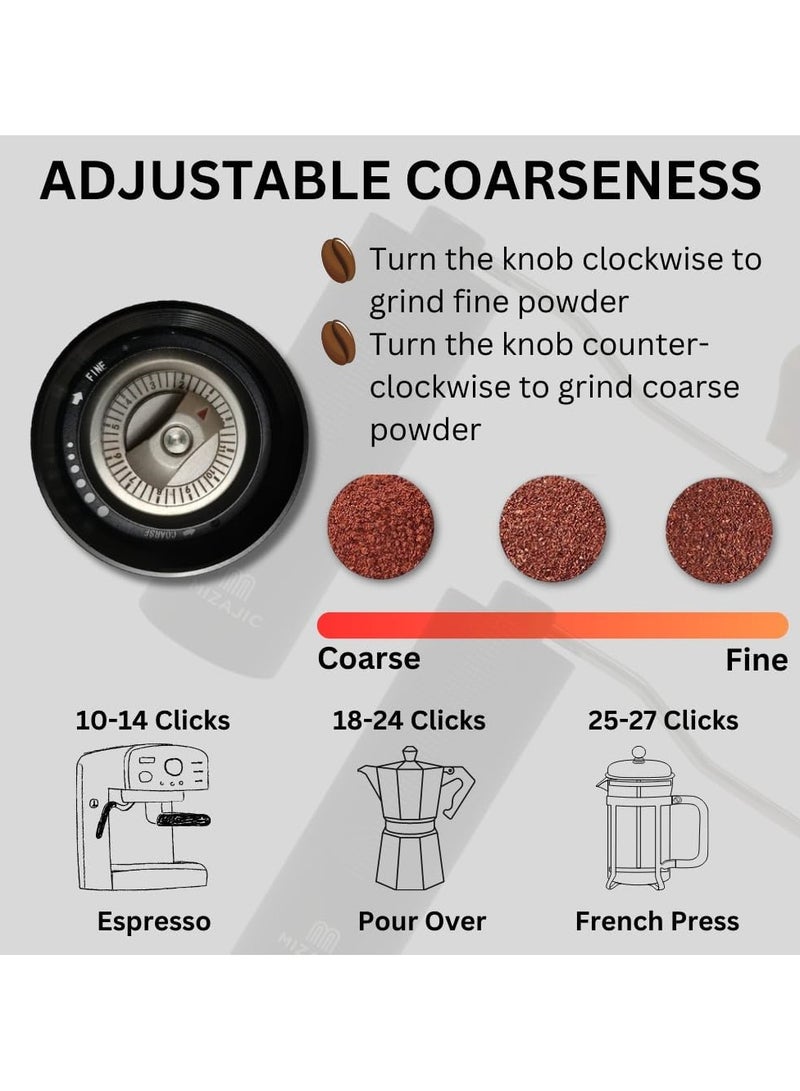 مزاجك مطحنة قهوة يدوية، شفرات مخروطية من الفولاذ المقاوم للصدأ بسعة 25 جرام، مطحنة حبوب القهوة مع إعدادات قابلة للتعديل، جسم من سبائك الألومنيوم، محمل مزدوج ومقبض خشبي (أسود) - Image 3