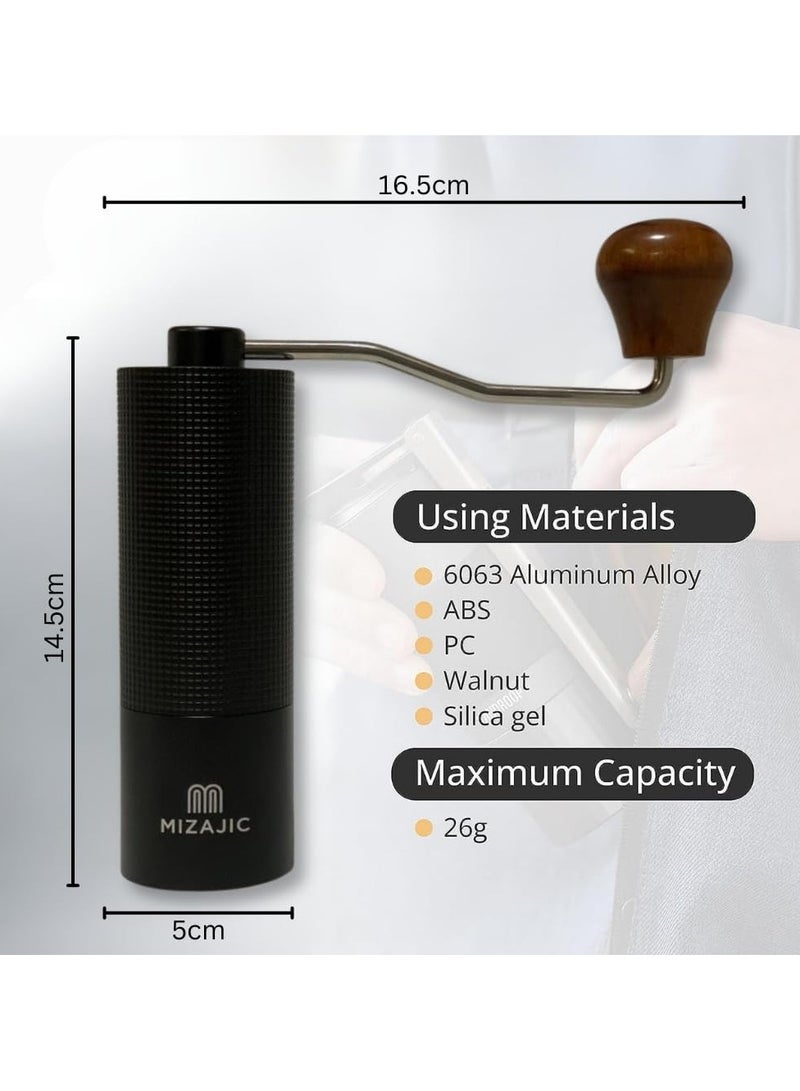 مزاجك مطحنة قهوة يدوية، شفرات مخروطية من الفولاذ المقاوم للصدأ بسعة 25 جرام، مطحنة حبوب القهوة مع إعدادات قابلة للتعديل، جسم من سبائك الألومنيوم، محمل مزدوج ومقبض خشبي (أسود) - Image 4