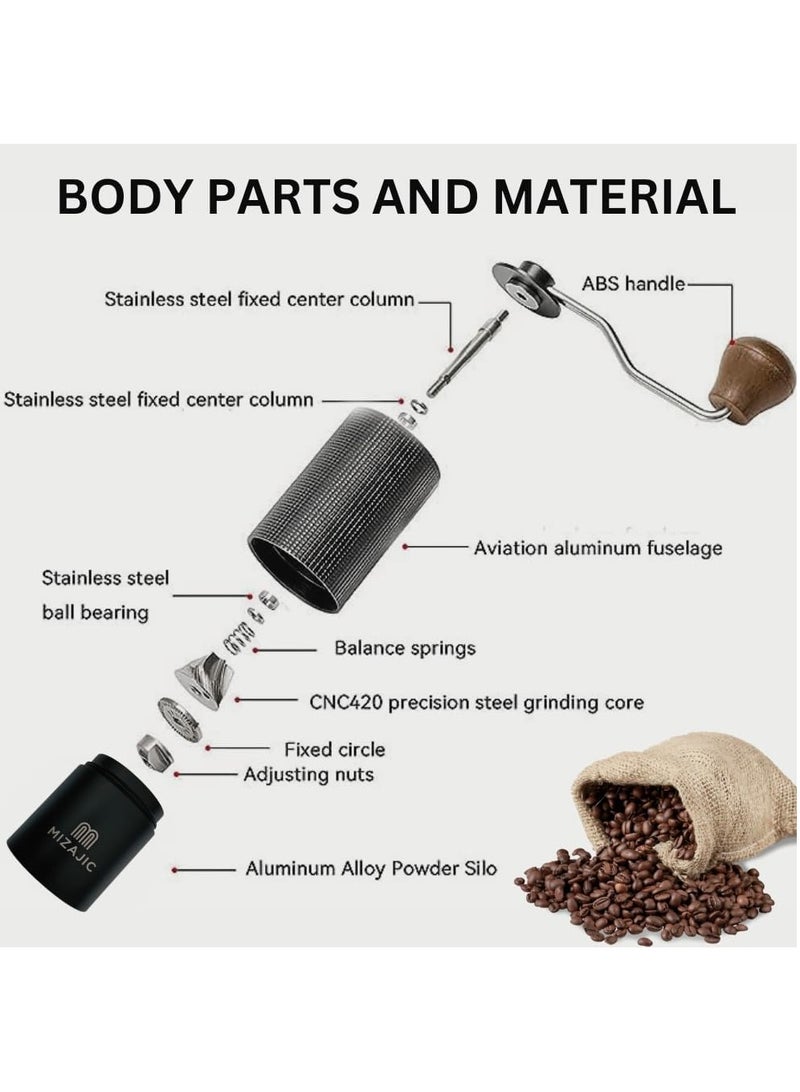 مزاجك مطحنة قهوة يدوية، شفرات مخروطية من الفولاذ المقاوم للصدأ بسعة 25 جرام، مطحنة حبوب القهوة مع إعدادات قابلة للتعديل، جسم من سبائك الألومنيوم، محمل مزدوج ومقبض خشبي (أسود) - Image 5
