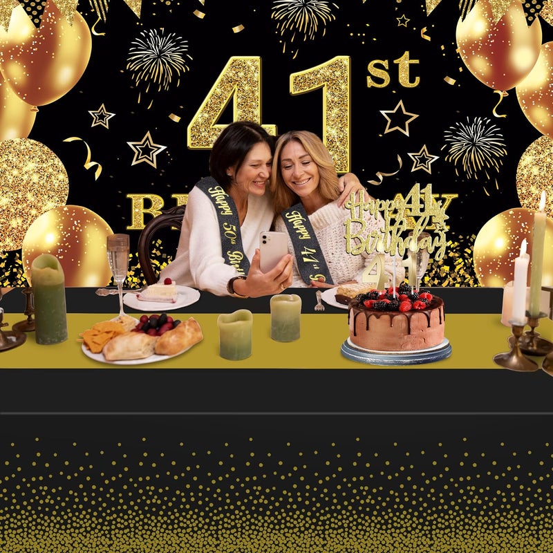 YeohJoy 41st Birthday Decorations Men Women with 41st Birthday Banner, Black and Gold Table Cloth, Number Balloons, Large Sash, Cake Topper and Candles - Image 3