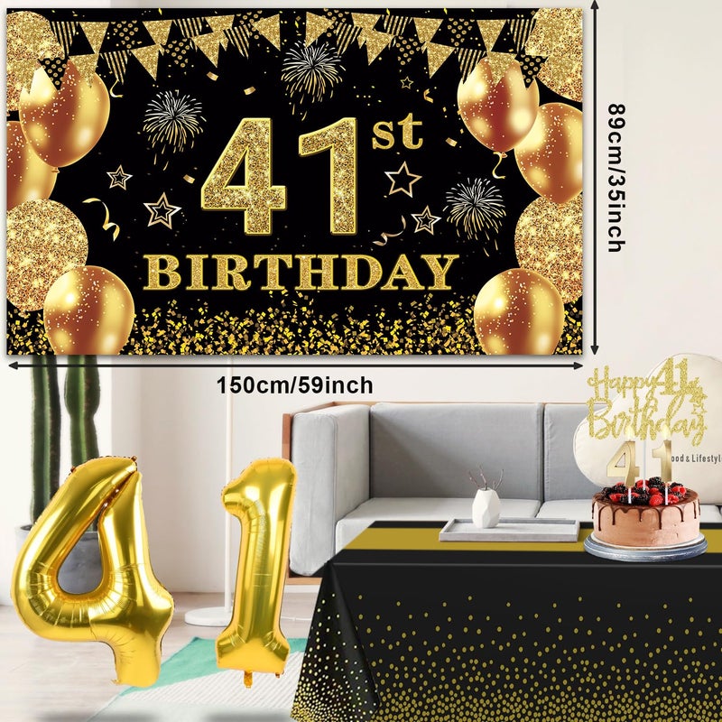 YeohJoy 41st Birthday Decorations Men Women with 41st Birthday Banner, Black and Gold Table Cloth, Number Balloons, Large Sash, Cake Topper and Candles - Image 5