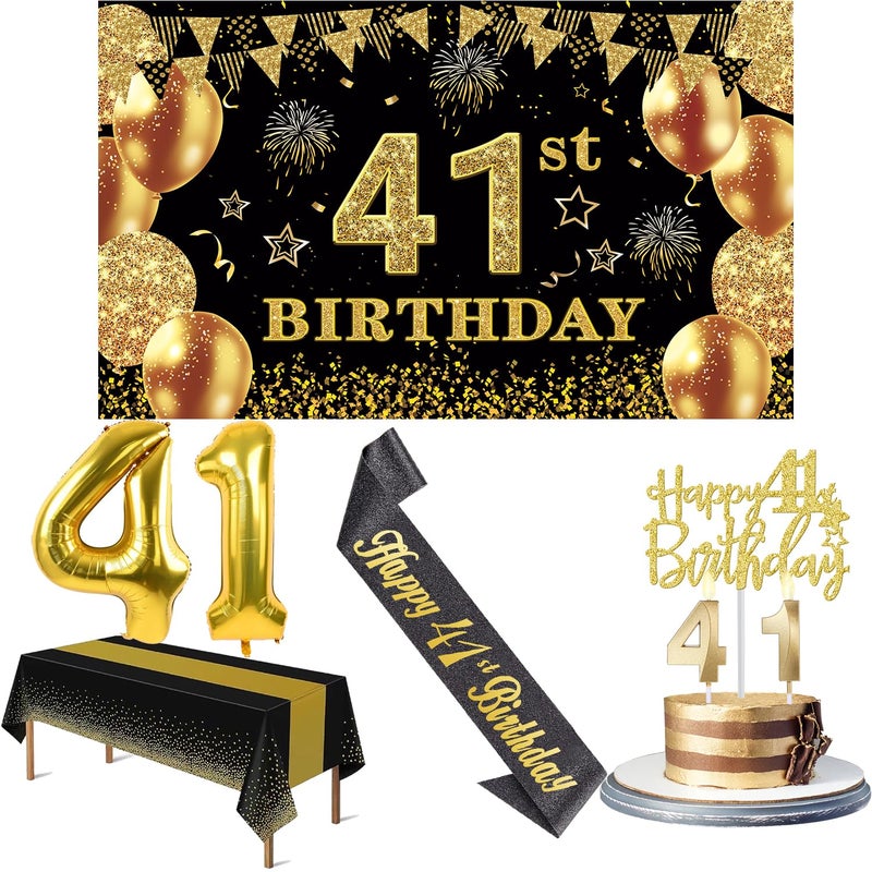 YeohJoy 41st Birthday Decorations Men Women with 41st Birthday Banner, Black and Gold Table Cloth, Number Balloons, Large Sash, Cake Topper and Candles - Image 1