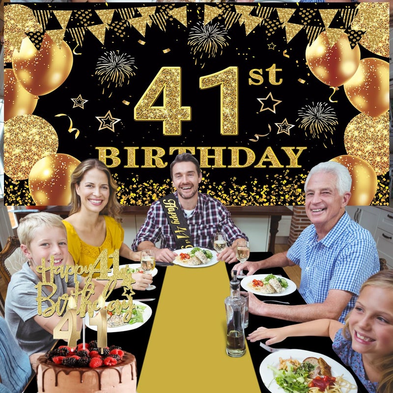 YeohJoy 41st Birthday Decorations Men Women with 41st Birthday Banner, Black and Gold Table Cloth, Number Balloons, Large Sash, Cake Topper and Candles - Image 2