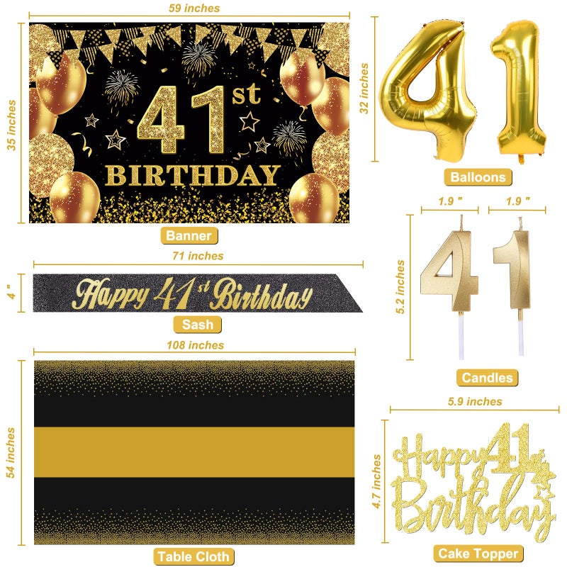 YeohJoy 41st Birthday Decorations Men Women with 41st Birthday Banner, Black and Gold Table Cloth, Number Balloons, Large Sash, Cake Topper and Candles - Image 4