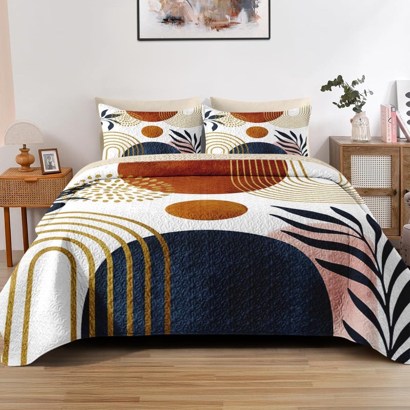 Pamnest Quilt Set Full/Queen Size, Gold Yellow Mid Century 3 Pcs Soft Bed Cover Bedding Set for Kids and Adults, Sun Boho Geometric Leaf Lightweight Bedspread Coverlet with Pillow Sham for All Season - Image 1