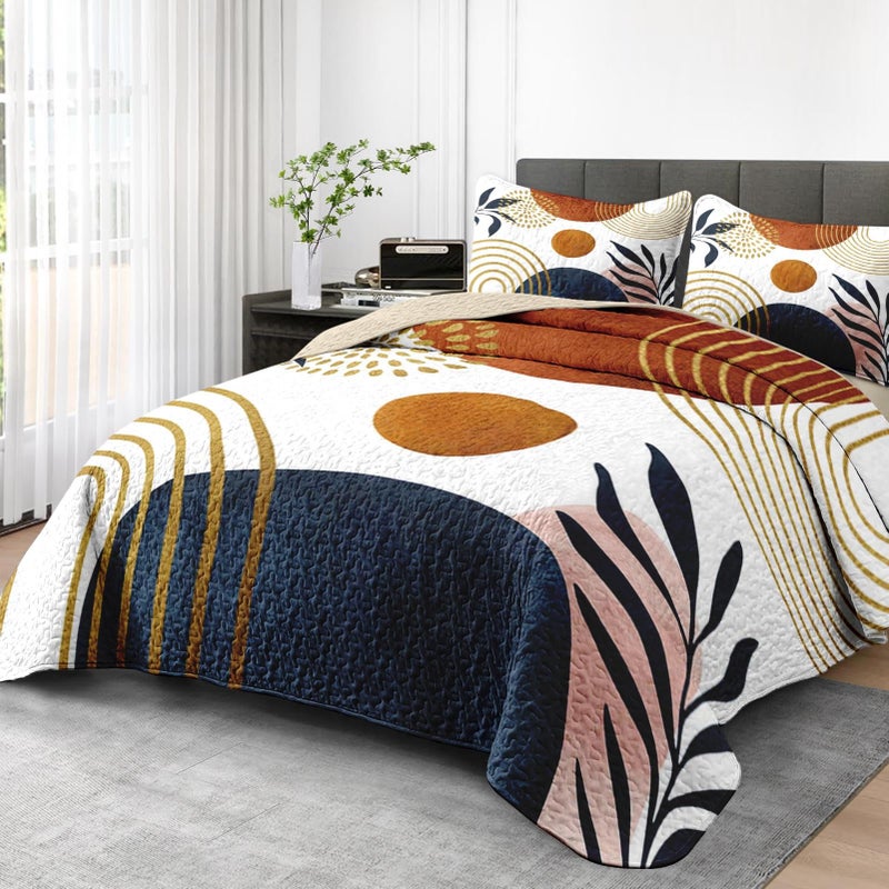 Pamnest Quilt Set Full/Queen Size, Gold Yellow Mid Century 3 Pcs Soft Bed Cover Bedding Set for Kids and Adults, Sun Boho Geometric Leaf Lightweight Bedspread Coverlet with Pillow Sham for All Season - Image 2