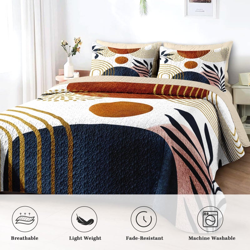 Pamnest Quilt Set Full/Queen Size, Gold Yellow Mid Century 3 Pcs Soft Bed Cover Bedding Set for Kids and Adults, Sun Boho Geometric Leaf Lightweight Bedspread Coverlet with Pillow Sham for All Season - Image 4