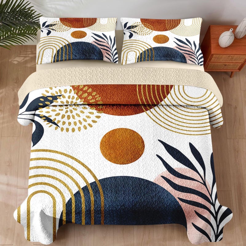 Pamnest Quilt Set Full/Queen Size, Gold Yellow Mid Century 3 Pcs Soft Bed Cover Bedding Set for Kids and Adults, Sun Boho Geometric Leaf Lightweight Bedspread Coverlet with Pillow Sham for All Season - Image 3