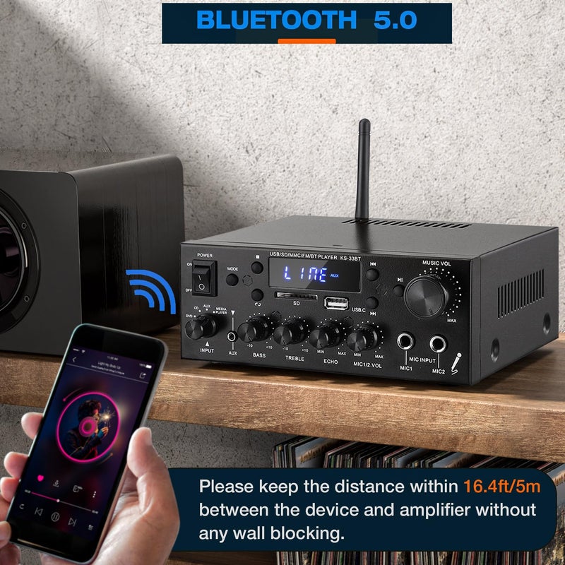 Facmogu KS-33BT 2.1CH Stereo Audio Amplifier Receiver with Active Subwoofer Output, RMS 60Wx2 Max 400Wx2 Mini BT Amp Home Theater Stereo Receiver, Bluetooth 5.0 HiFi Receivers w/MIC/Echo/USB/SD/AUX/FM - Image 4