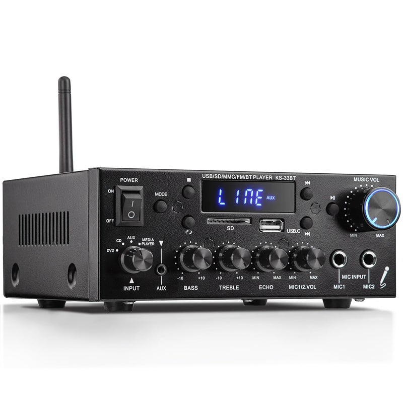 Facmogu KS-33BT 2.1CH Stereo Audio Amplifier Receiver with Active Subwoofer Output, RMS 60Wx2 Max 400Wx2 Mini BT Amp Home Theater Stereo Receiver, Bluetooth 5.0 HiFi Receivers w/MIC/Echo/USB/SD/AUX/FM - Image 1