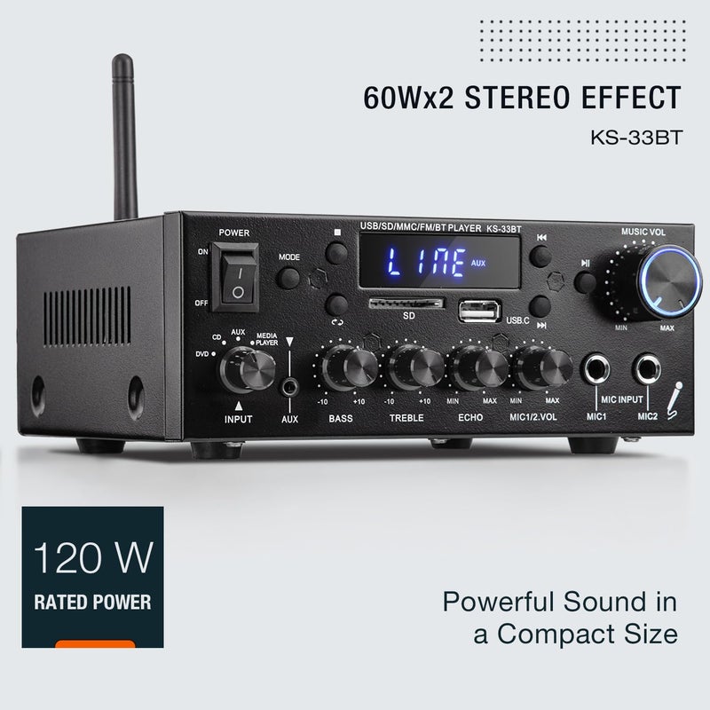 Facmogu KS-33BT 2.1CH Stereo Audio Amplifier Receiver with Active Subwoofer Output, RMS 60Wx2 Max 400Wx2 Mini BT Amp Home Theater Stereo Receiver, Bluetooth 5.0 HiFi Receivers w/MIC/Echo/USB/SD/AUX/FM - Image 2