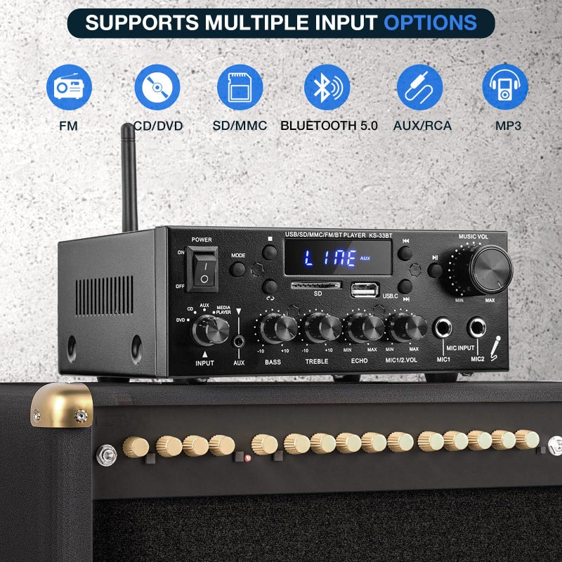 Facmogu KS-33BT 2.1CH Stereo Audio Amplifier Receiver with Active Subwoofer Output, RMS 60Wx2 Max 400Wx2 Mini BT Amp Home Theater Stereo Receiver, Bluetooth 5.0 HiFi Receivers w/MIC/Echo/USB/SD/AUX/FM - Image 5