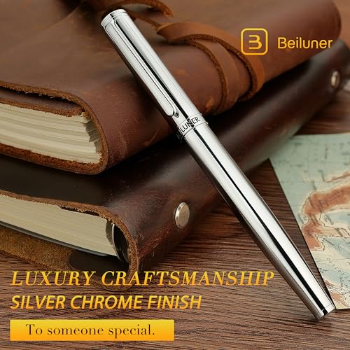 BEILUNER Luxury Silver Rollerball Pen, Stunning Bright Silver Chrome Finish,Noble and Elegant Designs,Schneider Ink Refill, Best Gift Pen for Men & Women, Professional, Executive Office, Fancy Pens - Image 4