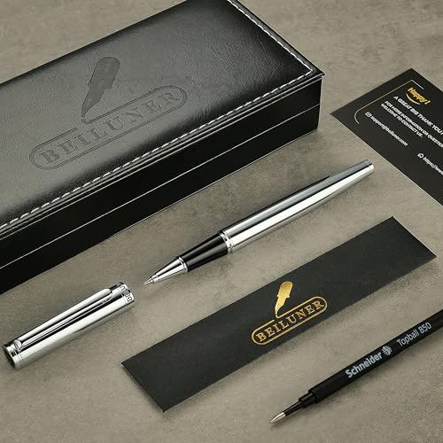 BEILUNER Luxury Silver Rollerball Pen, Stunning Bright Silver Chrome Finish,Noble and Elegant Designs,Schneider Ink Refill, Best Gift Pen for Men & Women, Professional, Executive Office, Fancy Pens - Image 2
