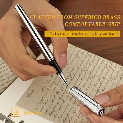 BEILUNER Luxury Silver Rollerball Pen, Stunning Bright Silver Chrome Finish,Noble and Elegant Designs,Schneider Ink Refill, Best Gift Pen for Men & Women, Professional, Executive Office, Fancy Pens - Image 5