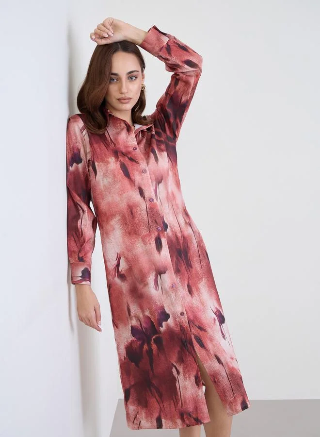 Styli Abstract Print Buttoned Midi Shirt Dress