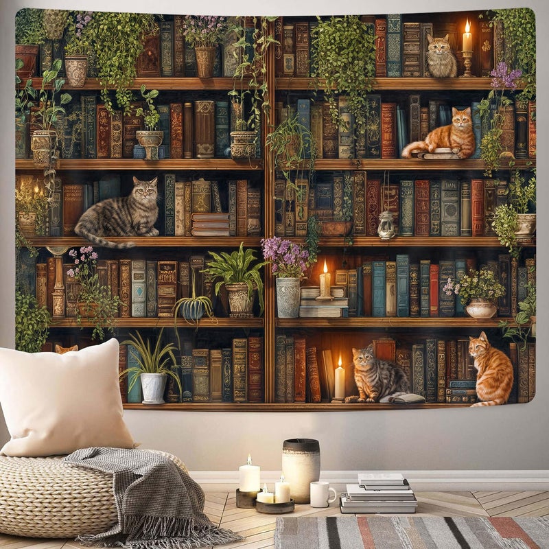 GOAOK Magic Library Tapestry, Green Nature Plant Bookshelf Tapestries for Classroom, Vintage Retro Witchy Library Book Gothic Academics Cat Tapestry for Bedroom Living Room Dorm Office 60X40 Inch - Image 4