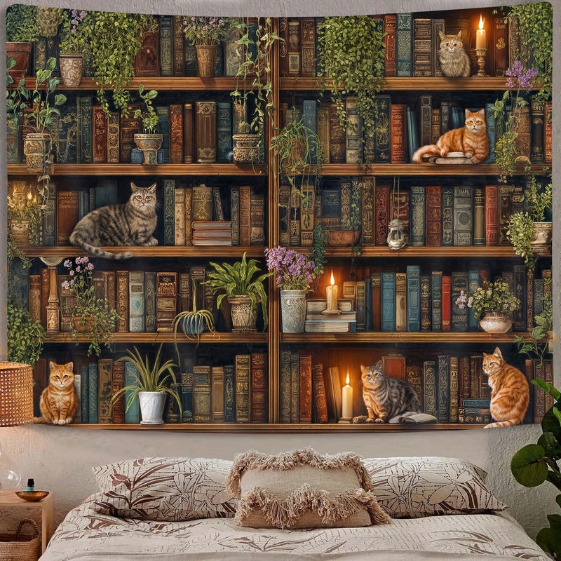 GOAOK Magic Library Tapestry, Green Nature Plant Bookshelf Tapestries for Classroom, Vintage Retro Witchy Library Book Gothic Academics Cat Tapestry for Bedroom Living Room Dorm Office 60X40 Inch - Image 3