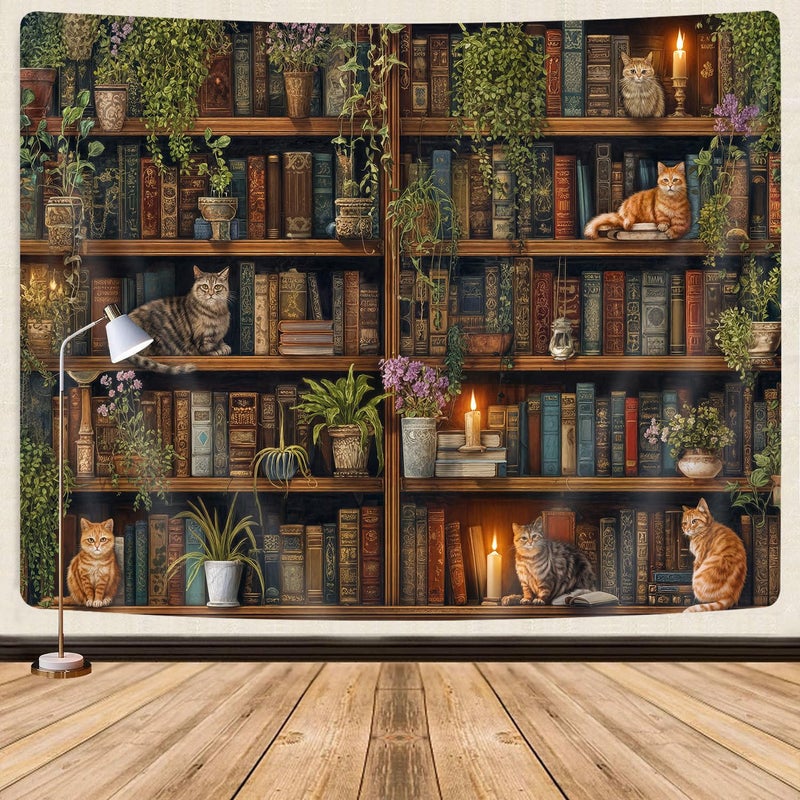 GOAOK Magic Library Tapestry, Green Nature Plant Bookshelf Tapestries for Classroom, Vintage Retro Witchy Library Book Gothic Academics Cat Tapestry for Bedroom Living Room Dorm Office 60X40 Inch - Image 2
