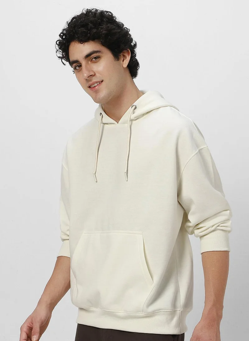 Urbano Fashion Men's Ivory Cotton Solid Oversized Hooded Neck Sweatshirt